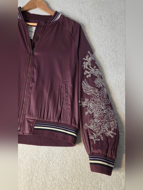 American Eagle Outfitters Jackets & Blazers - American Eagle Burgendy Embroidered Satin Bomber Jacket Floral Feminine Street M